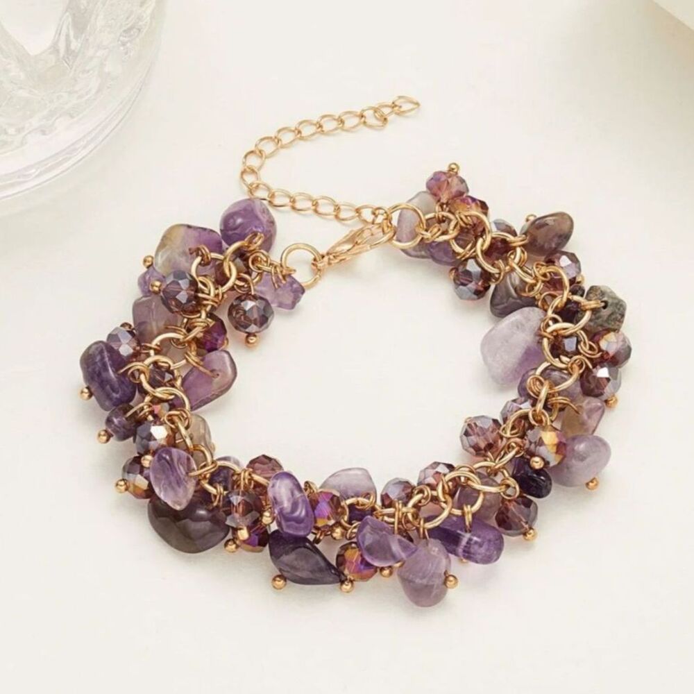 Multi Beaden Amethyst Gemstone Dangle Bracelet Chunky Crystal Adjustable Gold